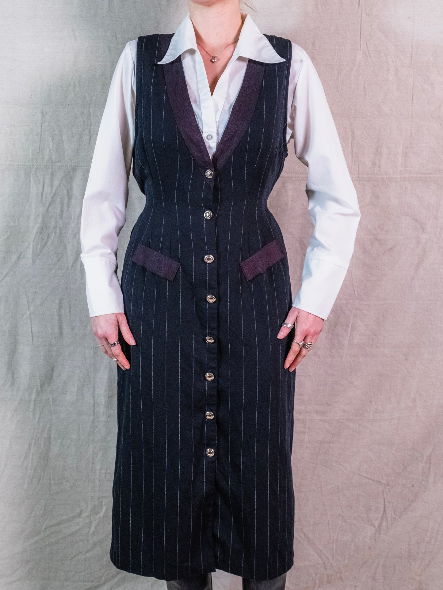 Vintage 1980s Ms. Choice Black Pinstripe Sleeveless Suit Dress | Medium