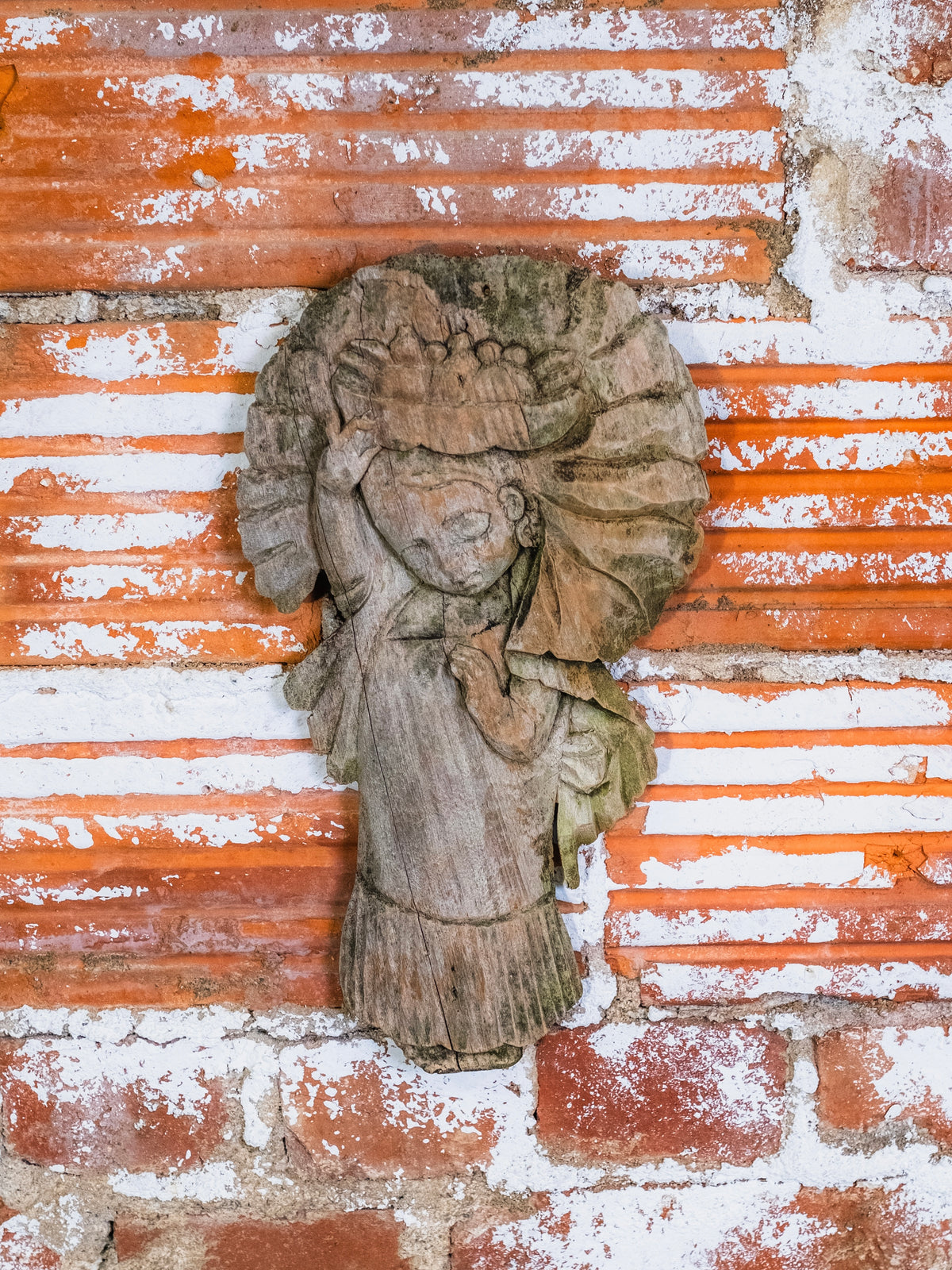 Vintage Hand-Carved Wood Latin Folk Art “Girl Carrying Fruit Basket” Wall Hanging