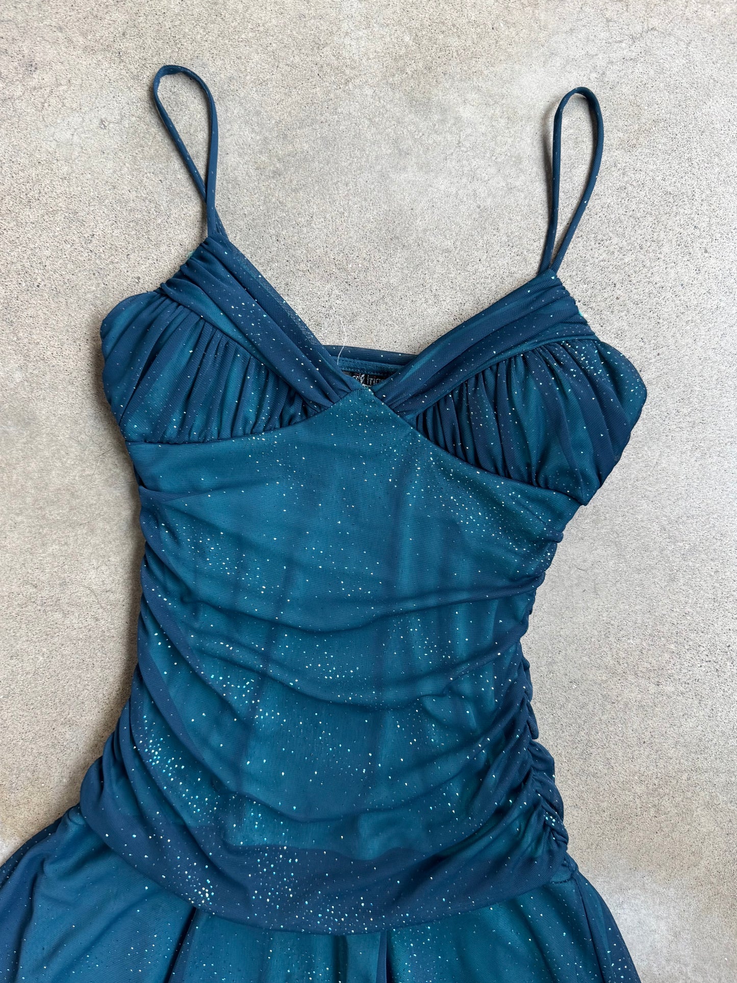 2000s City Triangles Sparkly Teal Ruched Mini Party Dress | S/M