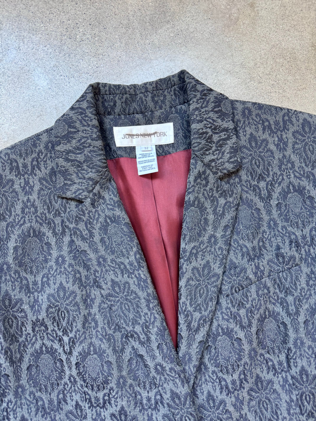 Vintage 1990s Jones New York Grey Brocade Jacquard Overcoat | Large