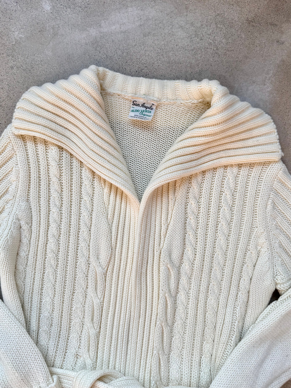 Vintage 1970s San Angelo by Aldo Verdi Cream Cable Knit Tie-Waist Cardigan | Medium
