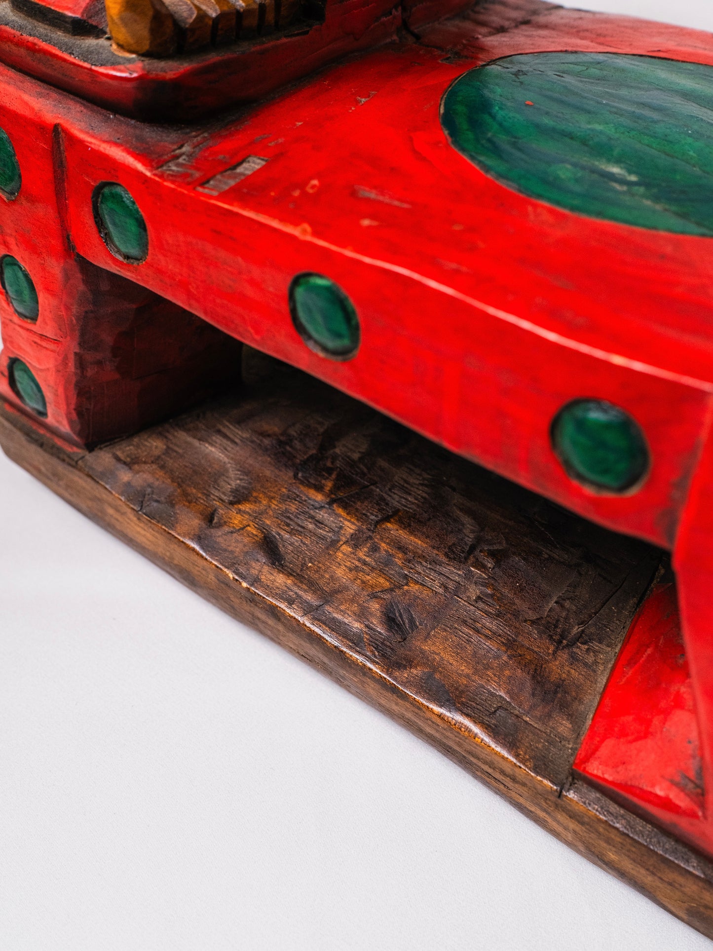 Wood-Carved Hand-Painted Red Jaguar Footstool