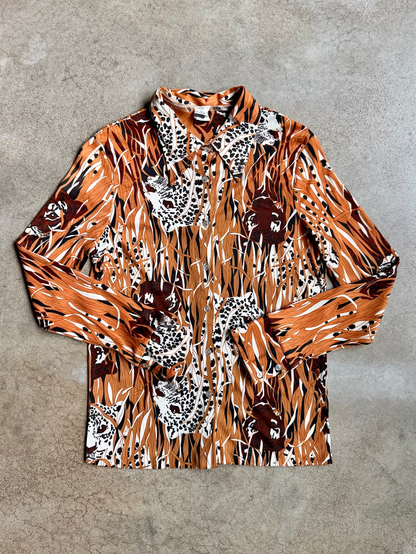 Vintage 1970s Leopard Novelty Print Button-Up Disco Shirt | S/M