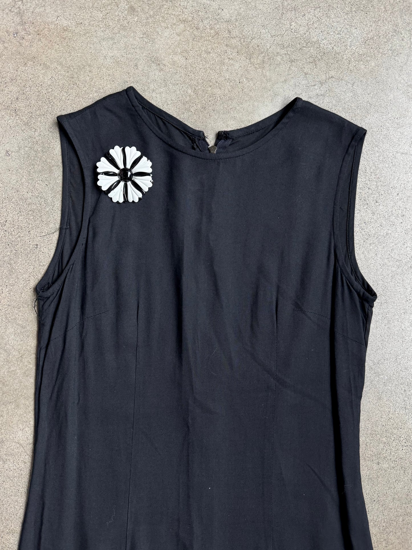 Vintage 1960s Sophisticates Black Drop Waist Pleated Dress w/ Flower Pin | XS