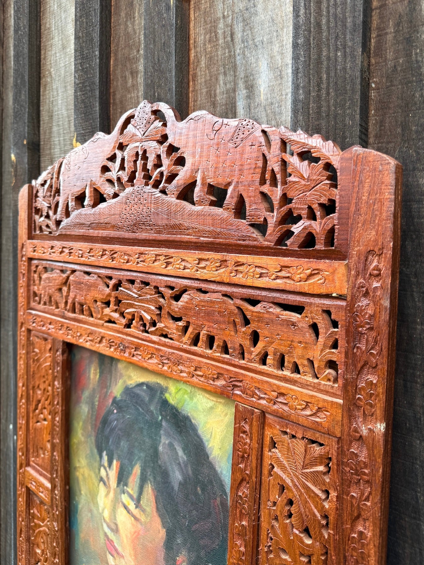 Vintage 1940s Carved Teakwood Elephant Frame "Village Girl" Oil on Canvas Painting