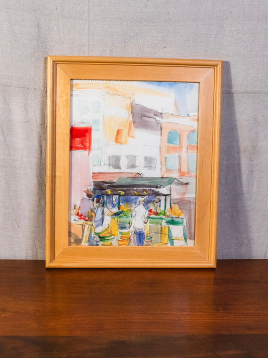 Vintage 1950s Framed Original Watercolor "Market Day" Artwork