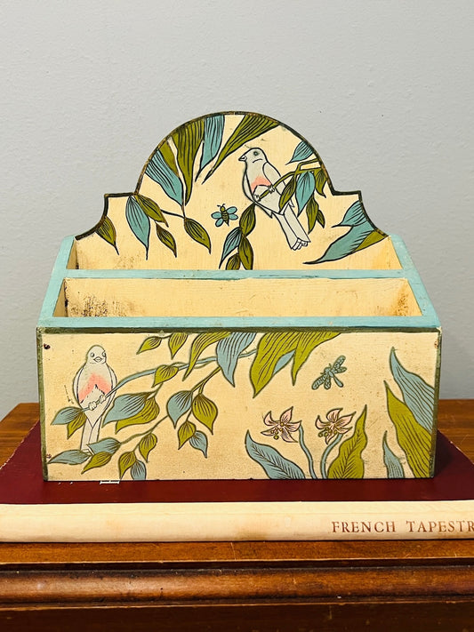Vintage 1950s Bird Etched Blue Tone Wall File / Mail Organizer