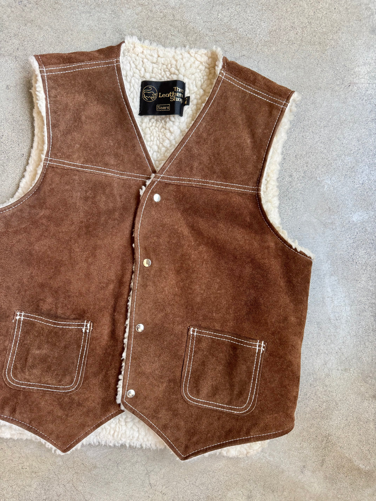 Vintage 1970s Sears “The Leather Shop” Brown Suede Sherpa Lined Vest | Medium