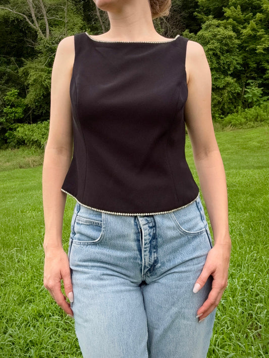Vintage 1990s Jones New York Evening Black Rhinestone Trim Formal Blouse | Medium