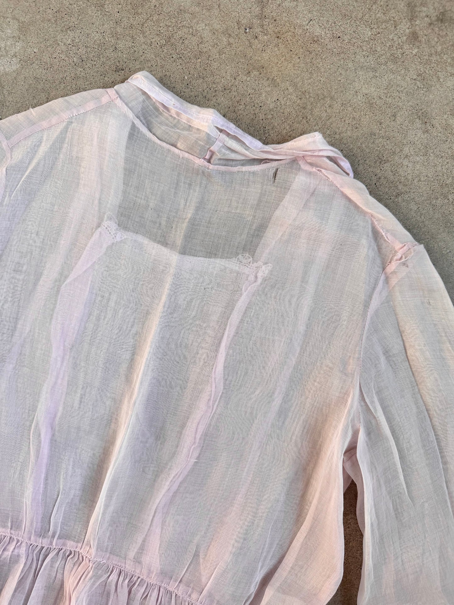 Antique 1920s Handmade Pale Pink Sheer Lawn Dress | Small