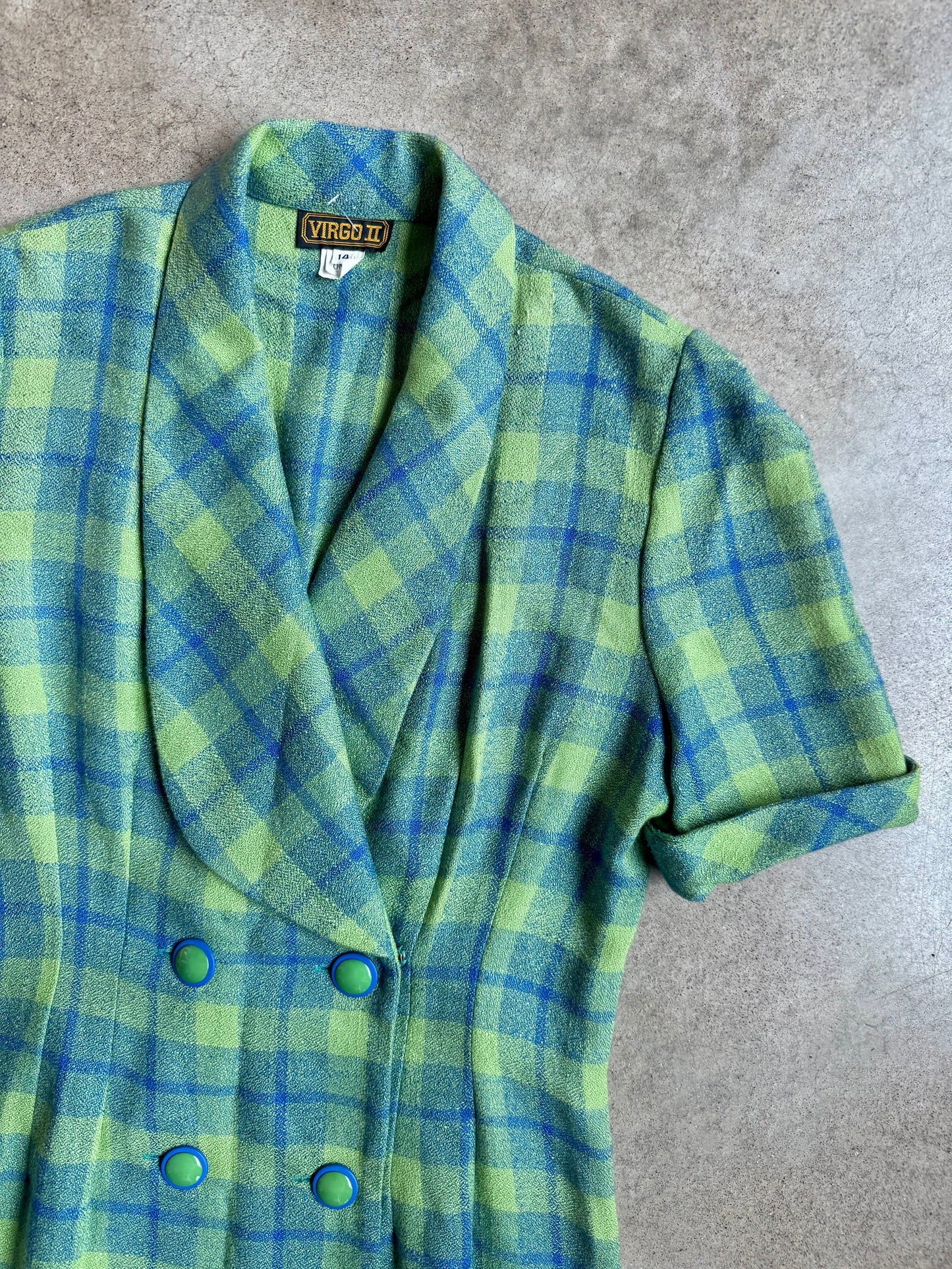 Vintage 1980s Virgo II Green & Blue Plaid Short Sleeve Button-Front Dress | Large