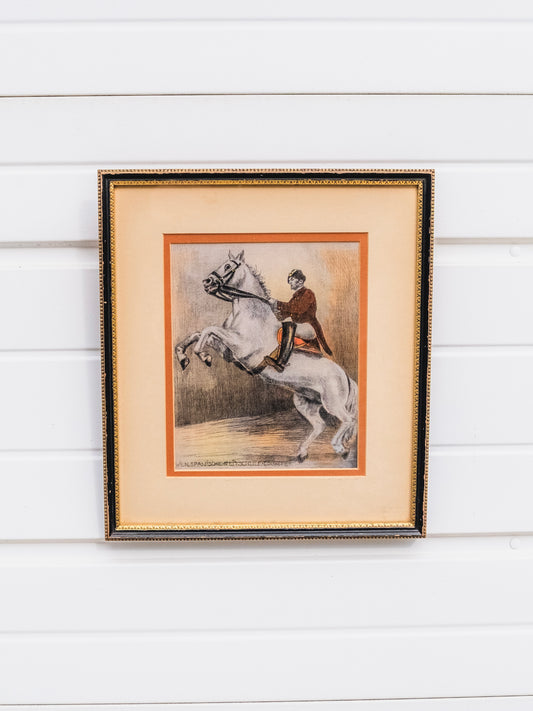 Vintage 1940s/50s Framed "Man on Horse" Etching On Silk Artwork