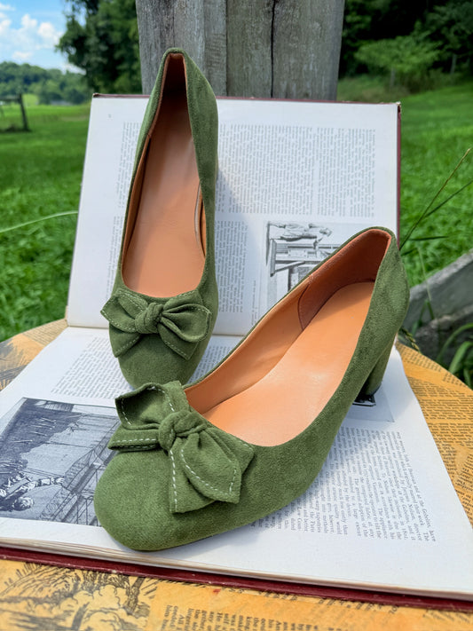 Green Faux Suede Bow Detail Block Heels | EU 41