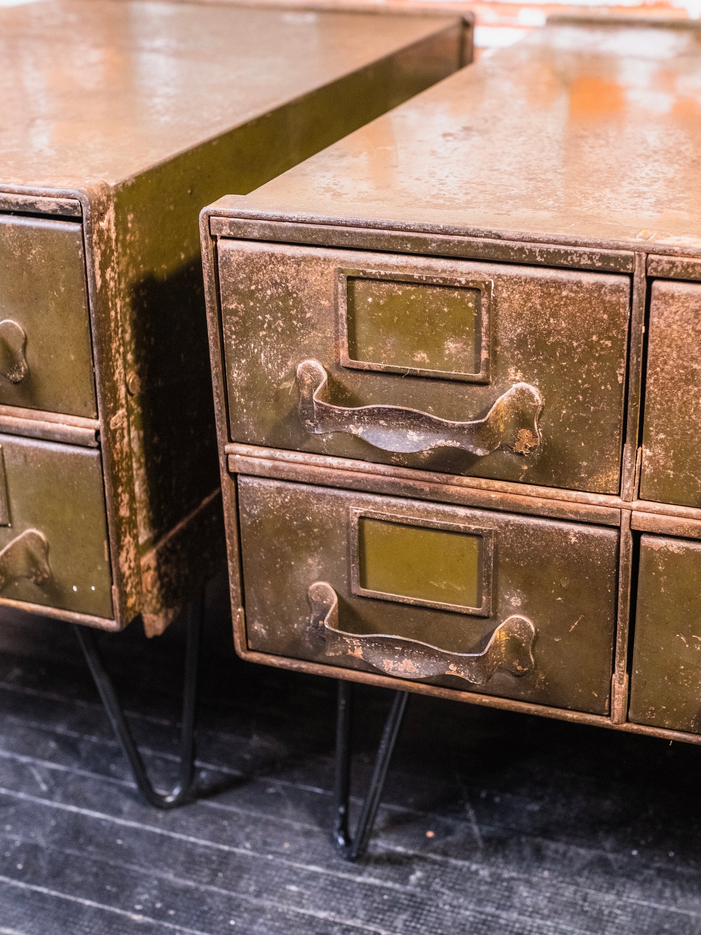 Vintage Metal Military File Cabinet Side Tables | Set of 2