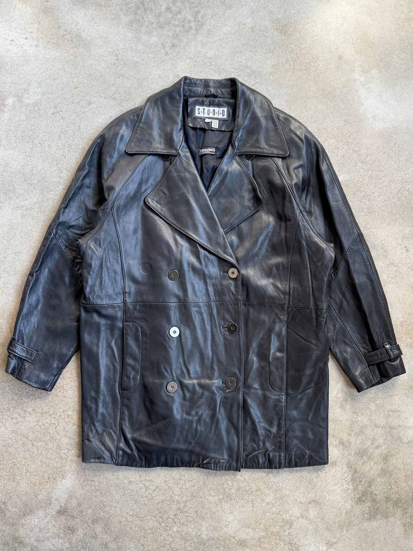 Vintage 1980s Studio Siena Black Leather Double-Breasted Jacket | Large