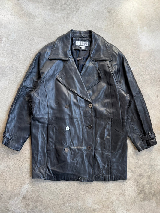 Vintage 1980s Studio Siena Black Leather Double-Breasted Jacket | Large