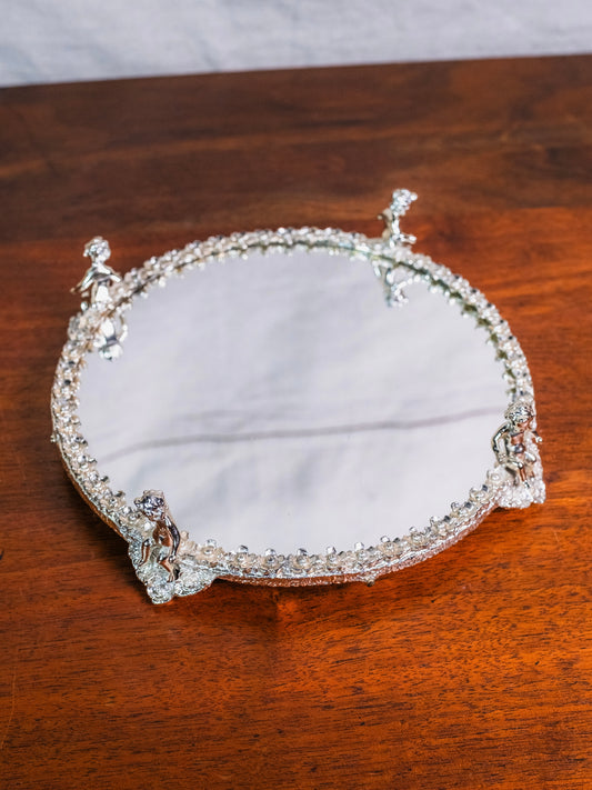 Vintage 1950s Silver Cherub Mirrored Vanity Tray
