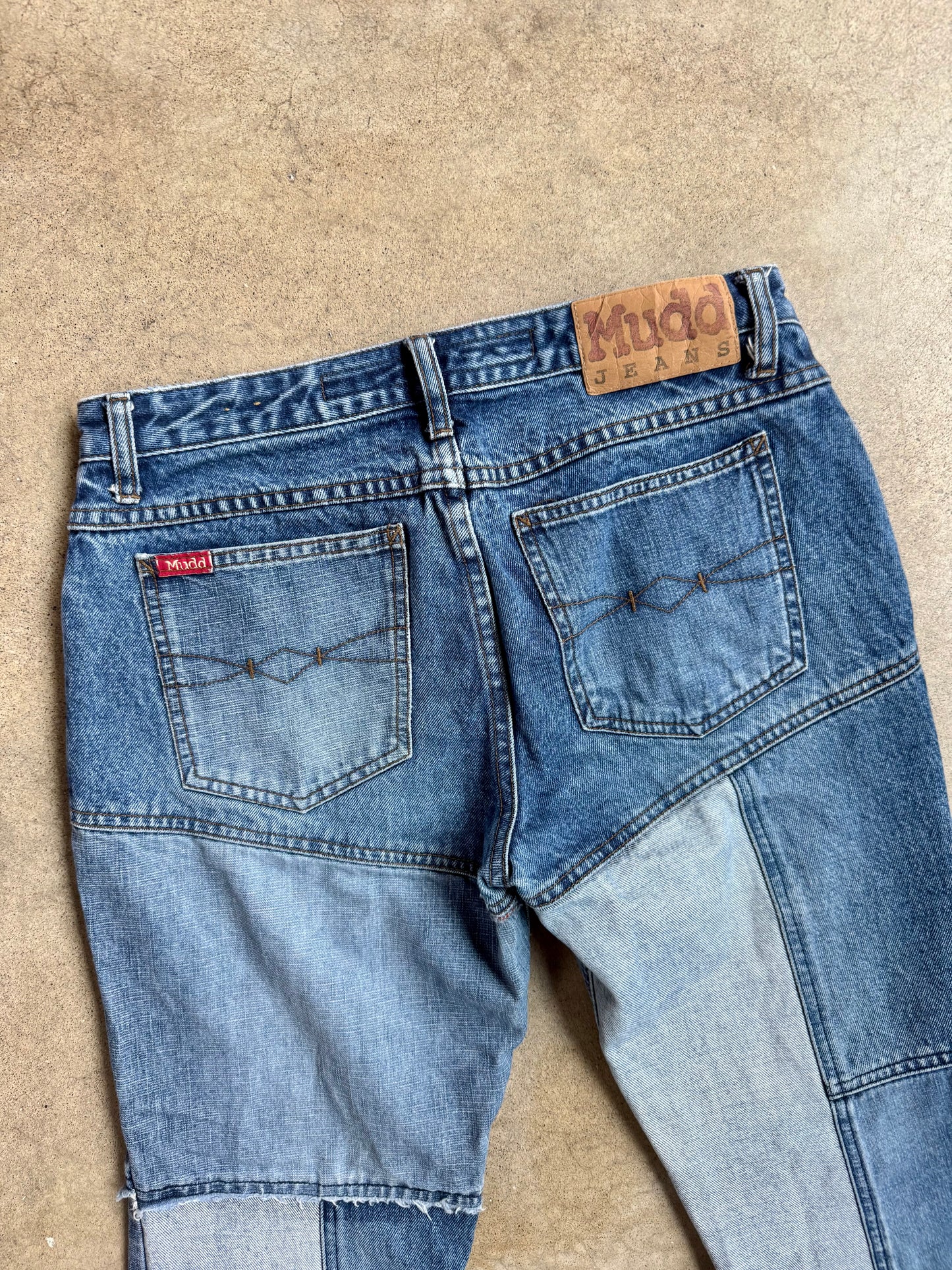2000s Mudd Denim Patchwork Low-Rise Flare Jeans | S/M