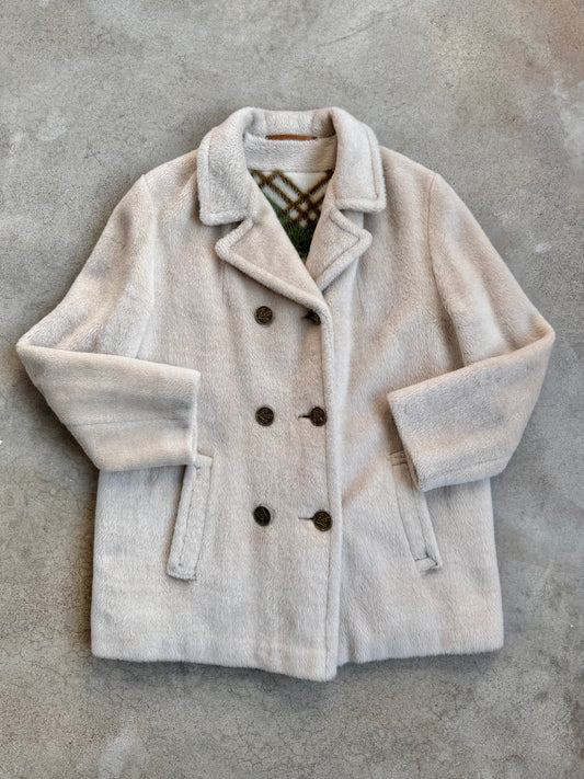 Vintage 1960s Sears Beige Faux Fur Plaid Lined Peacoat | Medium
