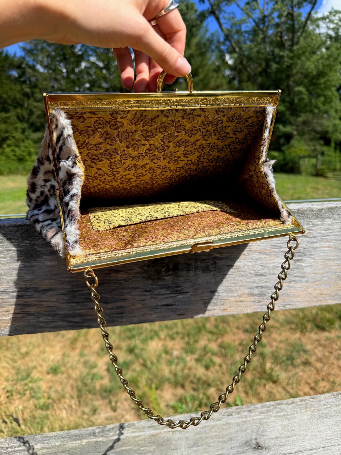 Vintage 1960s Leopard Animal Print Gold Chain Handbag