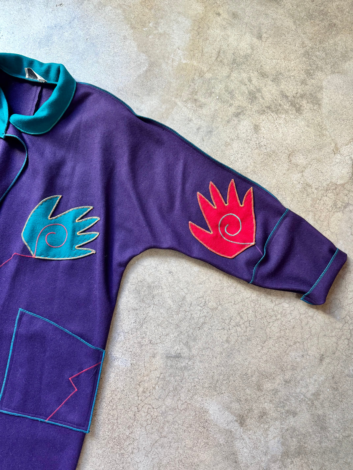 Vintage 1980s Gloria Walsh Purple Felted Wool Whimsical Hand Patch Embroidered Overcoat | L/XL