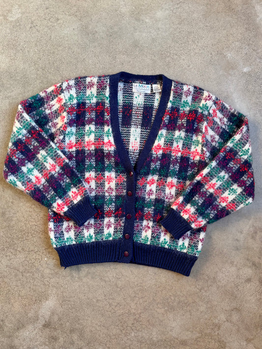 Vintage 1980s Le Moda Plaid Mohair-Blend Knit Cardigan | Medium