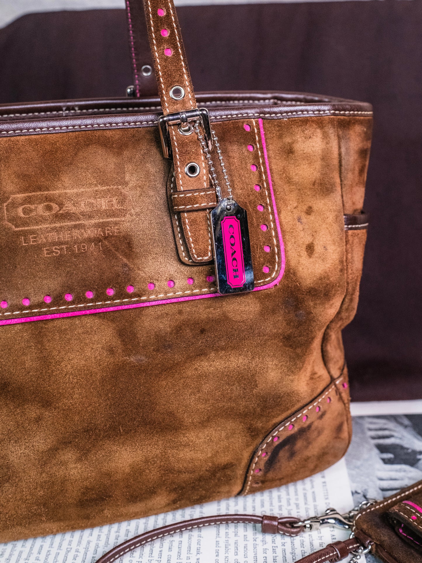 2000s Coach Brown & Pink Suede Leather Tote & Wristlet Set