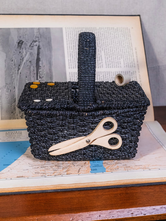 Vintage 1950s Black Woven Sewing Basket