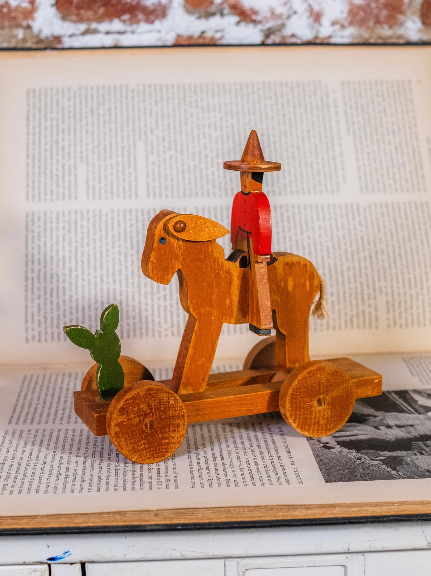 Vintage Folk Art “Donkey & Rider” Wooden Pull Toy
