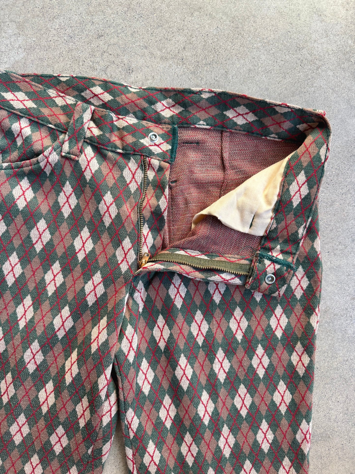 Vintage 1960s Argyle Knit Cuffed Flare Trousers | Small