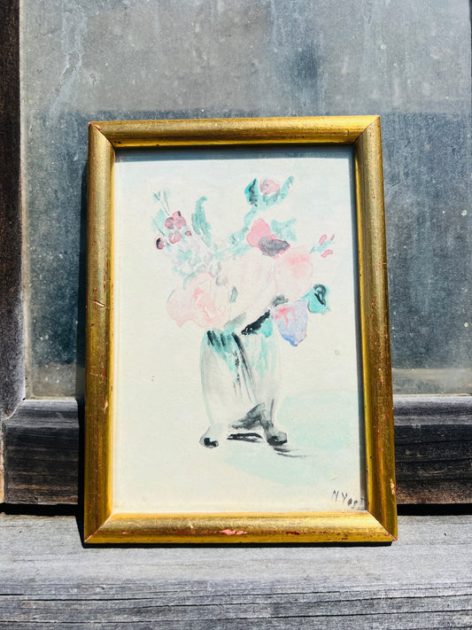 Vintage 1950s Gold Framed Floral Watercolor | Signed
