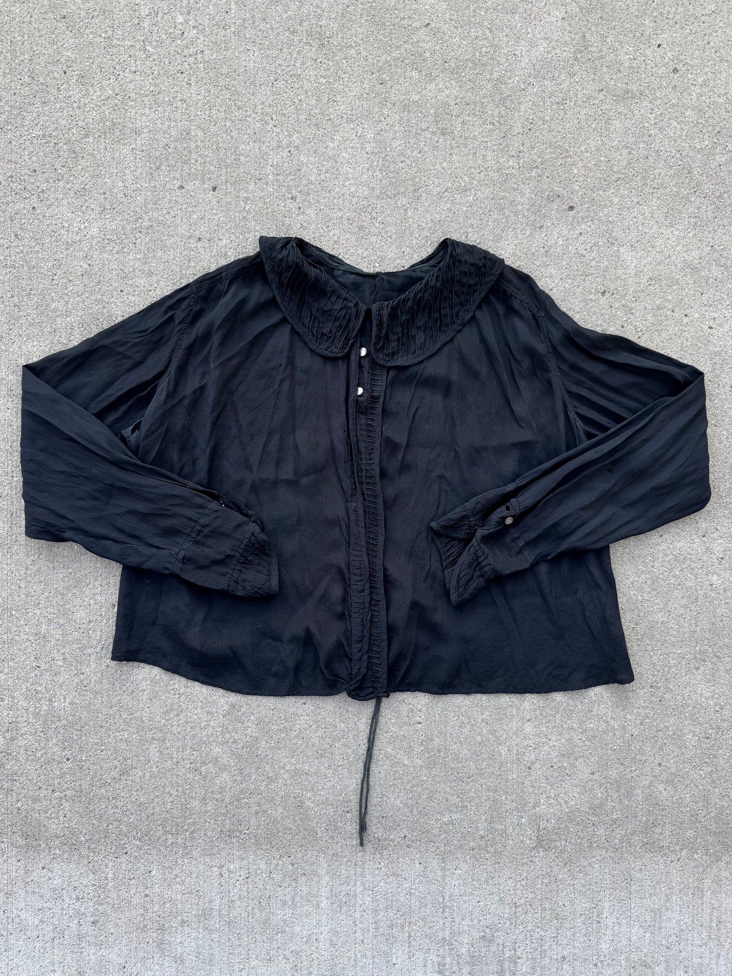 Antique 1910-20s 100% Silk Black Sheer Blouse | Large