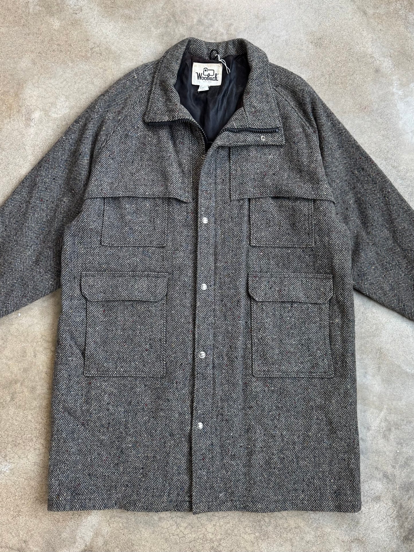 Vintage 1980s Woolrich Grey Speckled Tweed Mackinaw Jacket | XL