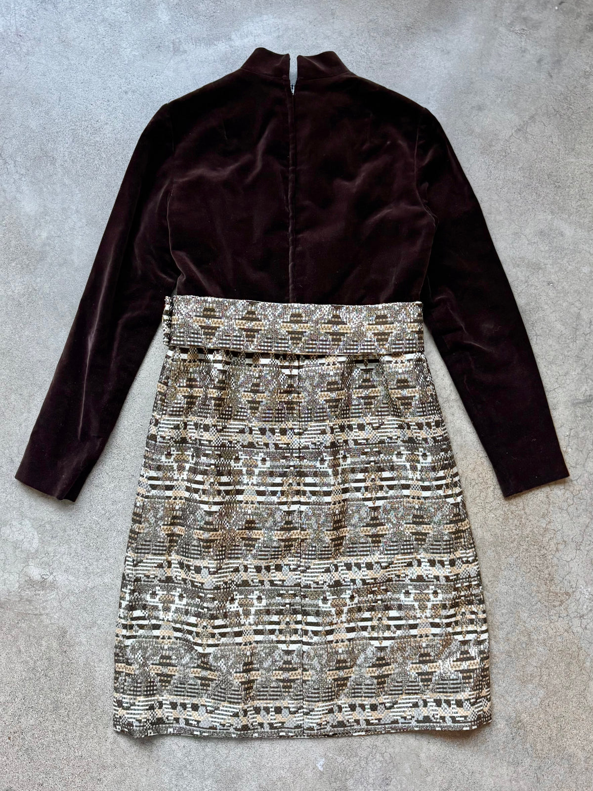 Vintage 1960s Eleanor Brenner Couture Brown Velvet & Gold Jacquard Skirt Long Sleeve Dress | Small