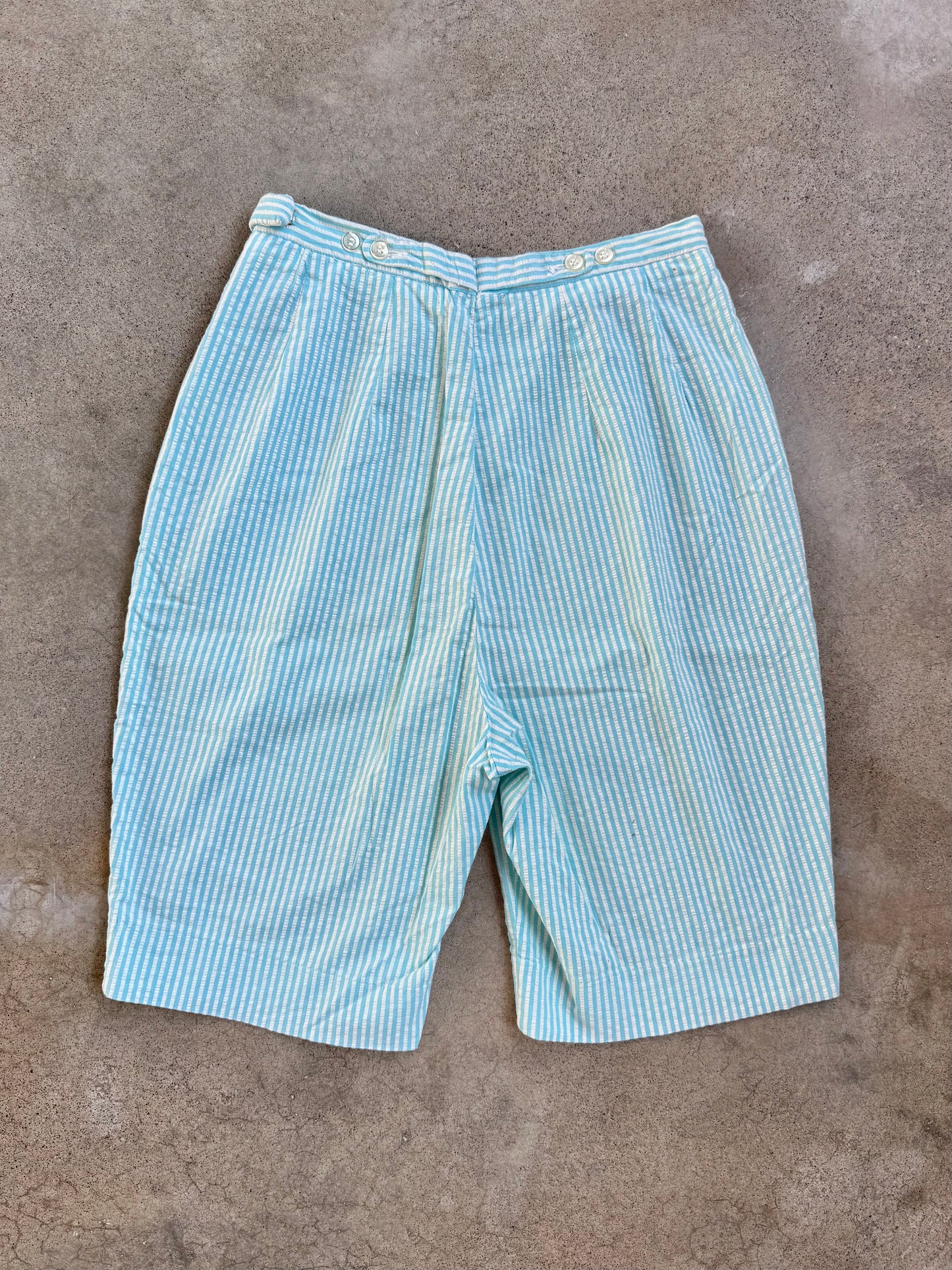 Vintage 1950s Tiger Pants Blue Seersucker Striped Shorts | Waist 26”