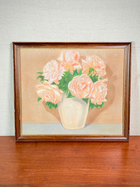 Vintage 1940s Wood Framed Peach Colored Roses Still Life Artwork