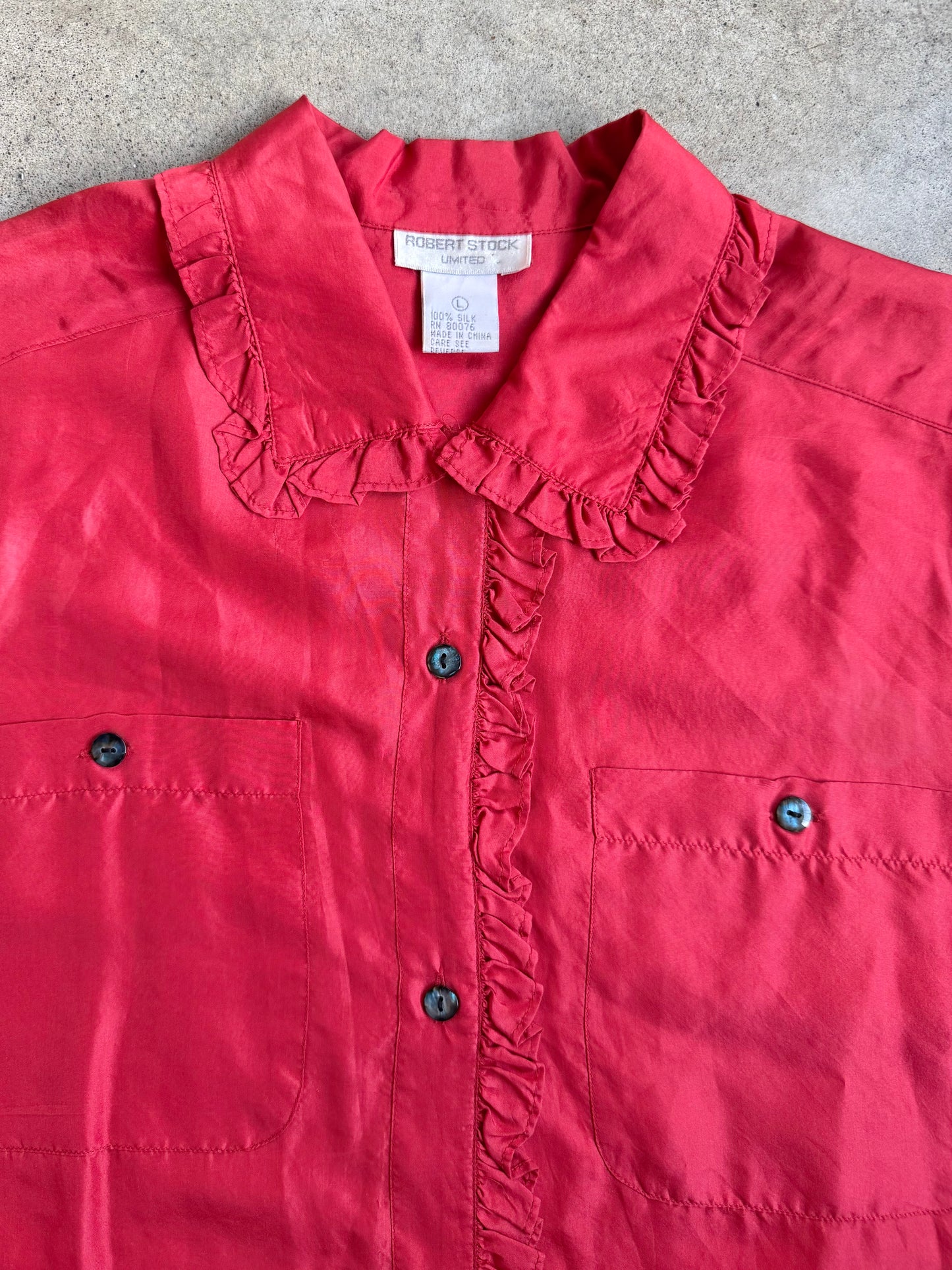Vintage 1980s Robert Stock Limited Red Silk Frilled Trim Blouse | Large