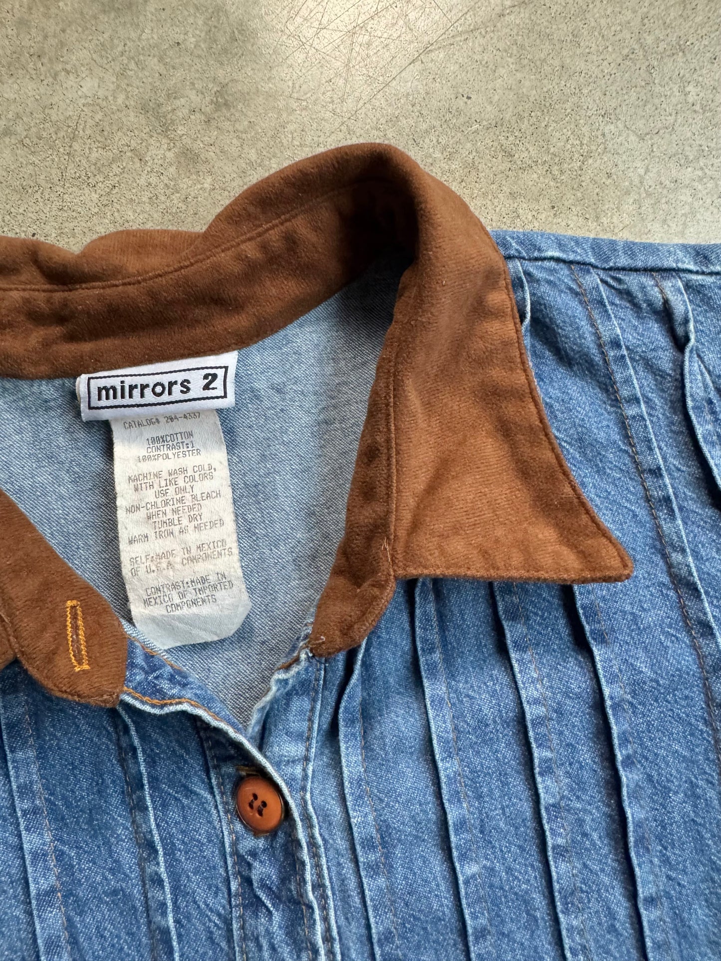 Vintage 1990s Mirrors 2 Faux Suede Collar Denim Tie-Back Maxi Dress | XL