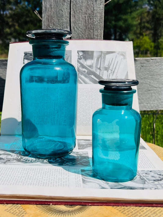 Vintage 1950s Blue Glass Apothecary Jars | Set of 2