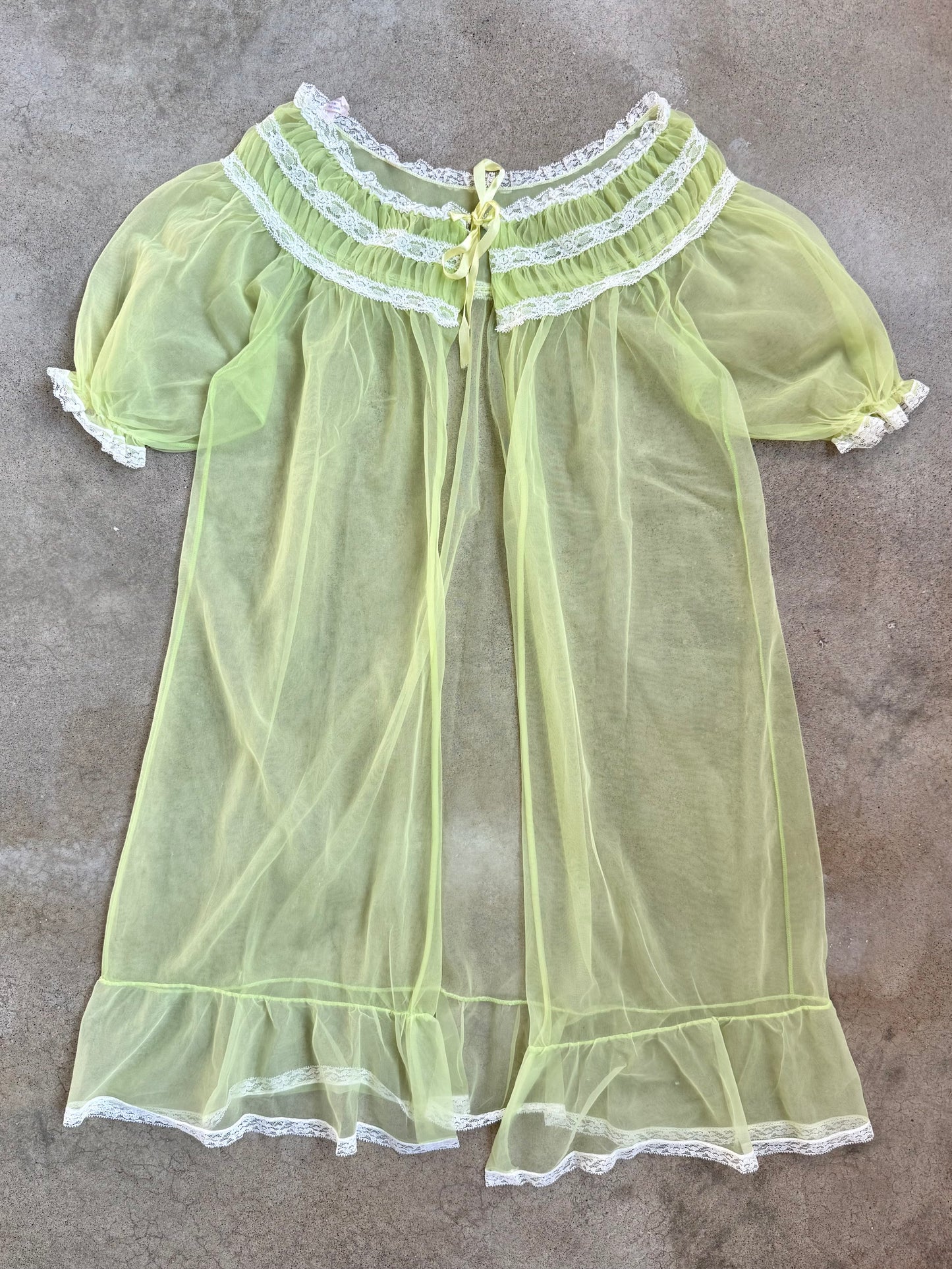 Vintage 1960s Green & White Lace Sheer Nylon House Coat | Medium