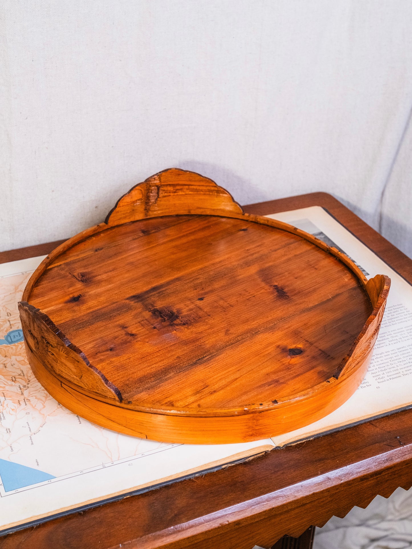 Vintage 1940s Round Chinese Wood-Carved Tray