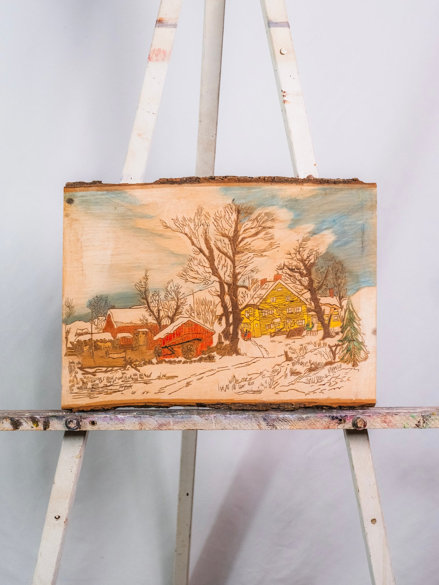 Vintage 1960s Handmade Wood Slab Carved "Winter Farm Scene" Wall Art