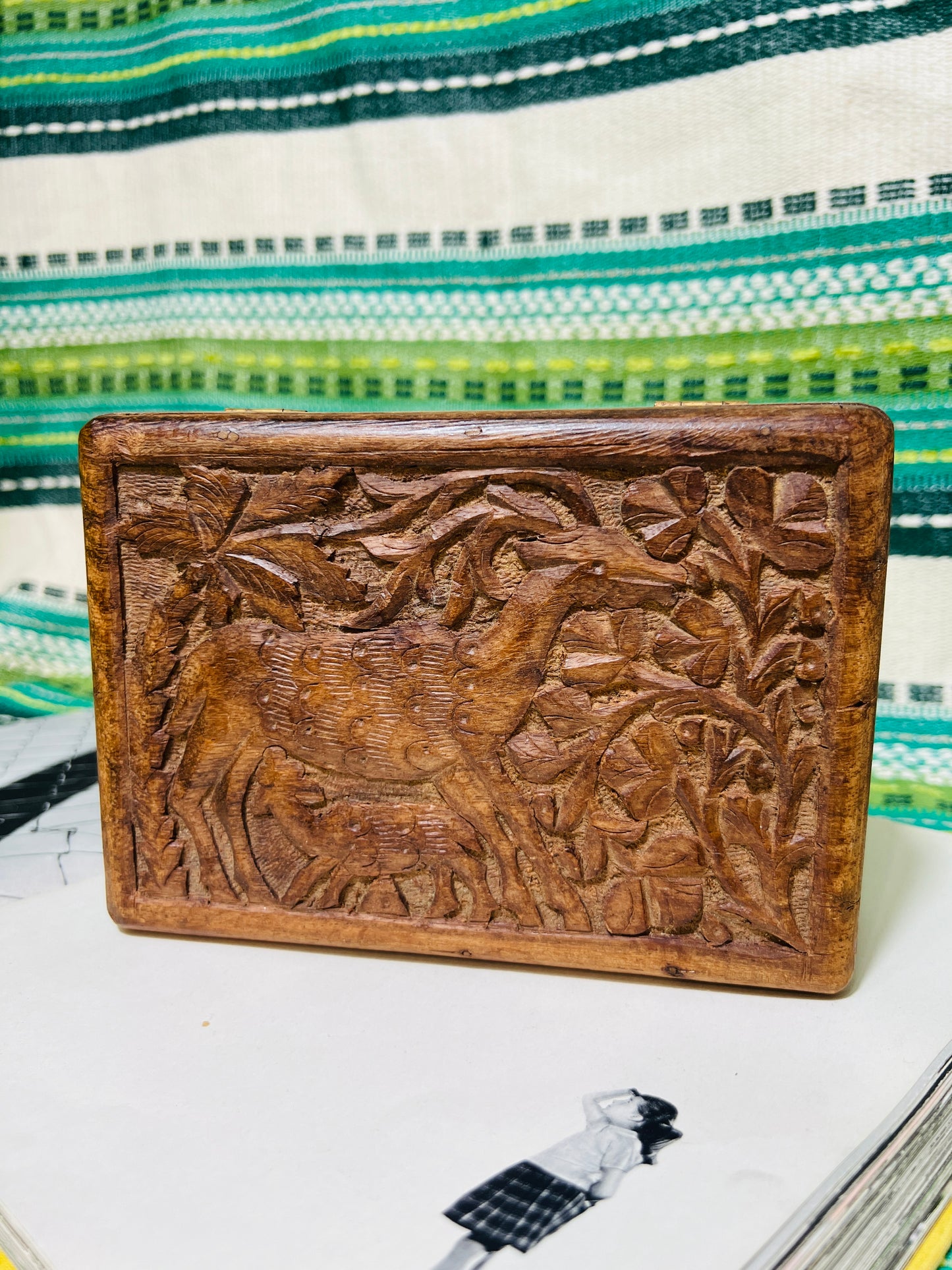 Vintage Deer Carved Wooden Box