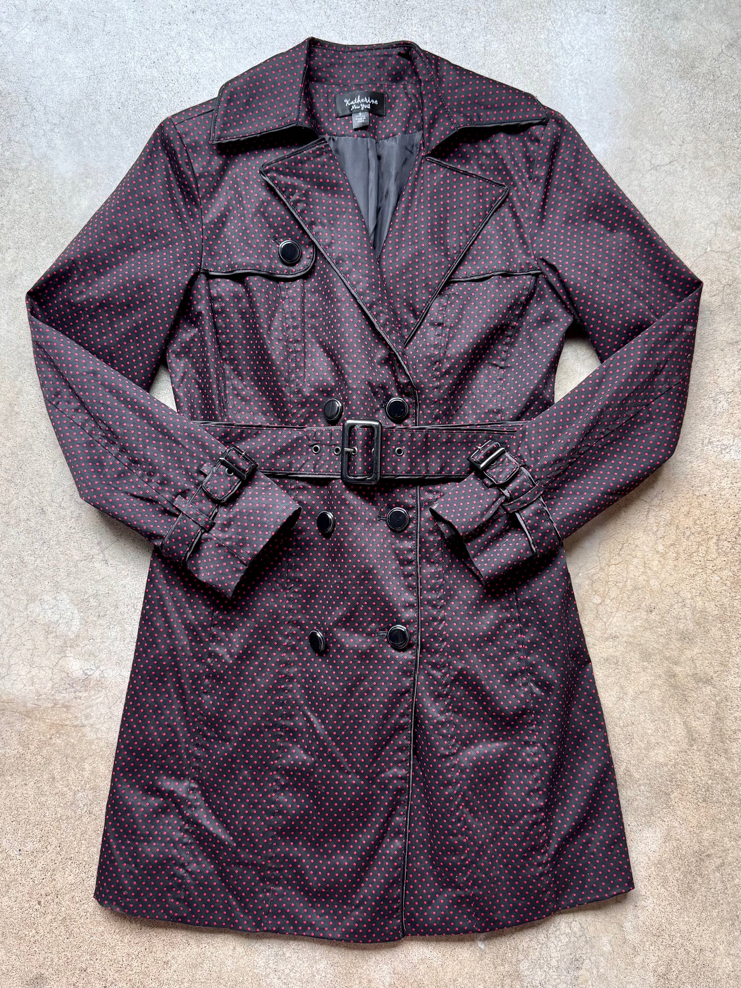 2000s Katherine NY Black & Red Polka Dot Trench Coat | Small