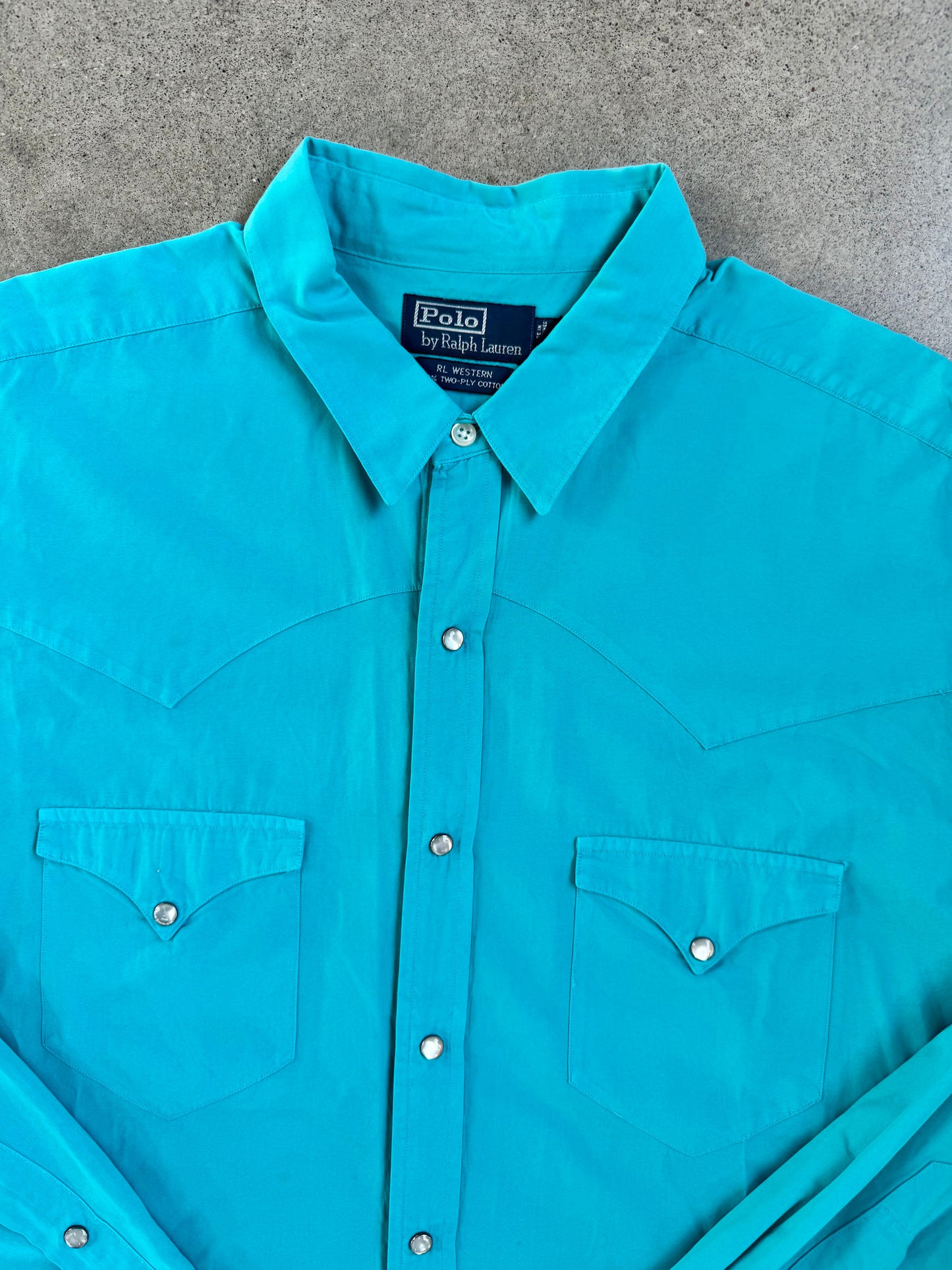 Vintage 1990s Polo Ralph Lauren RL Western Aqua Blue Pearl Snap Shirt | XL