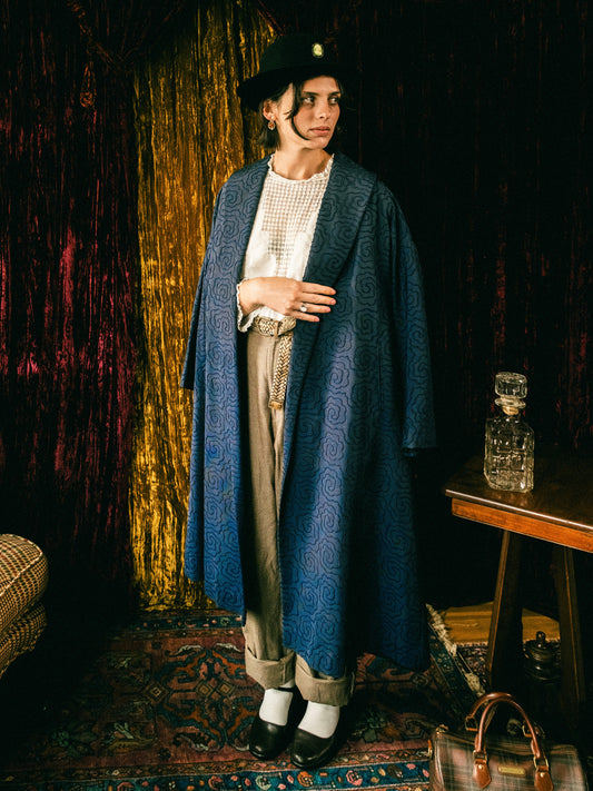 Vintage 1940s Navy Blue Crewel Embroidery Full-Length Swing Coat | Medium