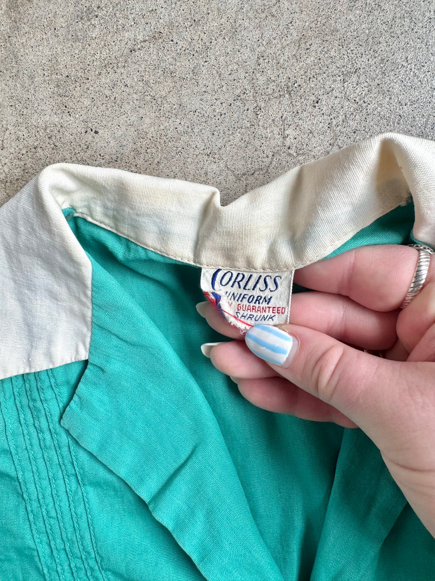 Vintage 1940s Teal & White Corliss Uniform Dress | XS