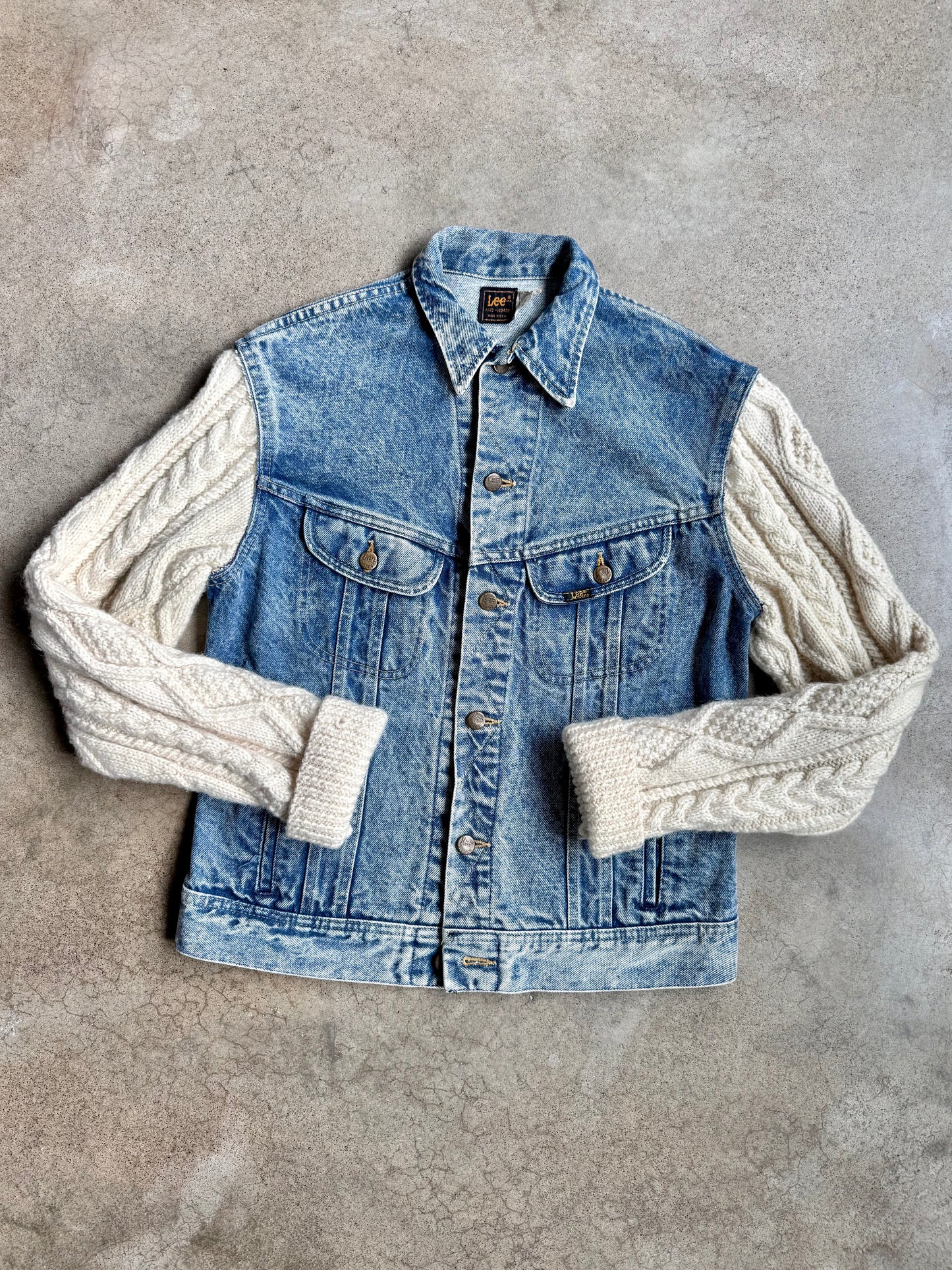 Vintage 1980s Lee Cable Knit Sleeve Denim Jacket | Medium