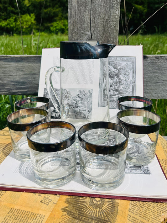 Vintage 1950s Silver Rim Pitcher & Glasses Set
