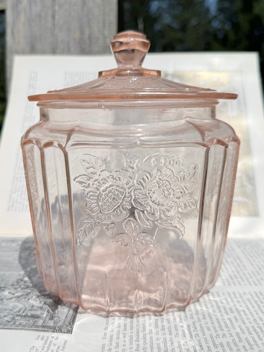 Vintage 1930s Anchor Hocking Open Rose Pale Pink Depression Glass Canister